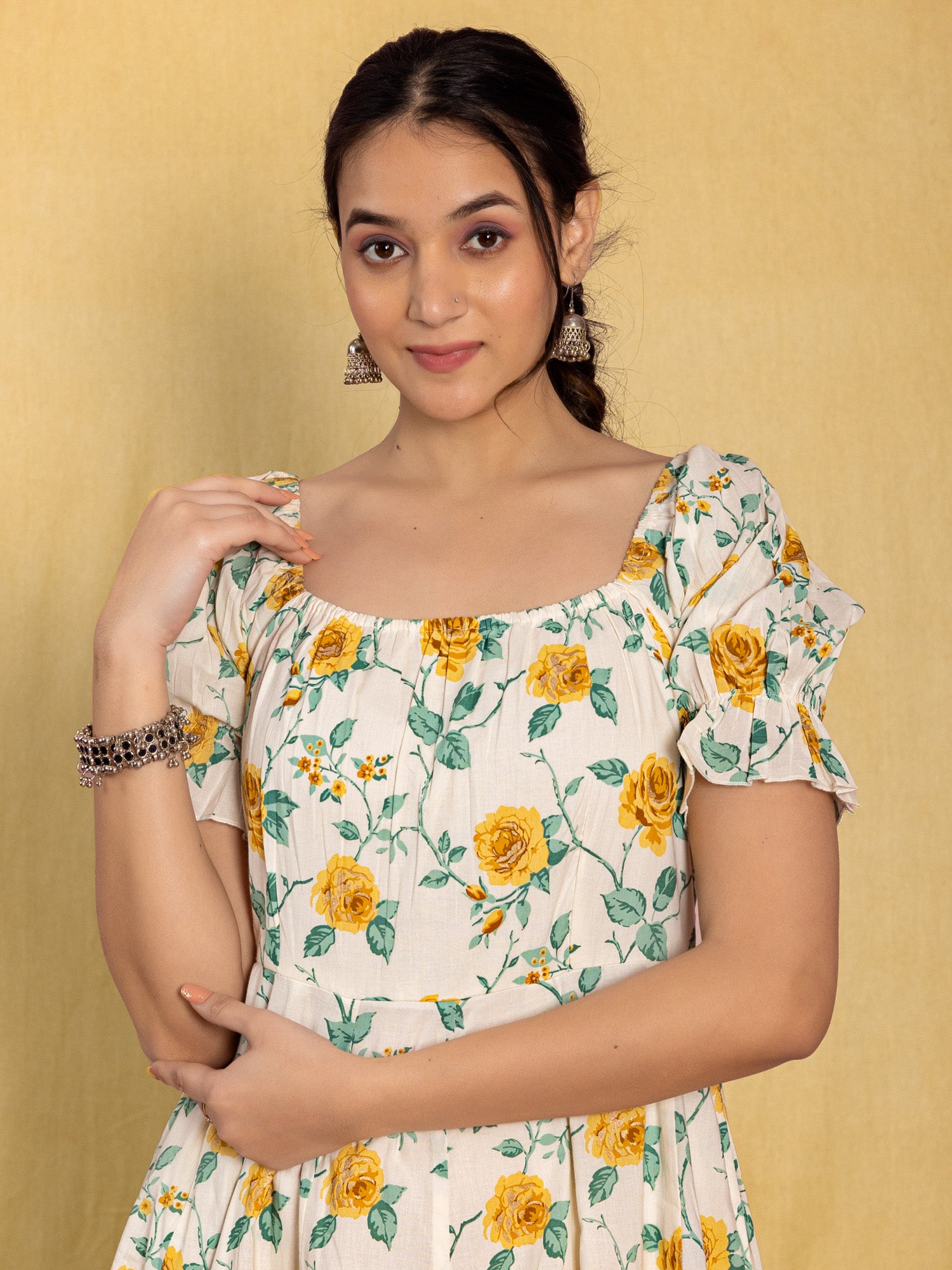 White Cotton Floral Printed Flared Dress